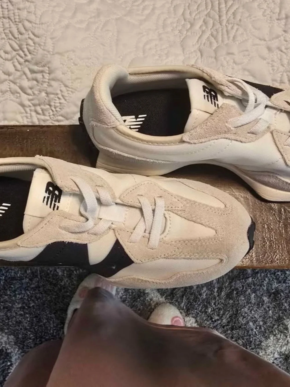 New Balance White and Navy Suede-Trim Kids Sneakers